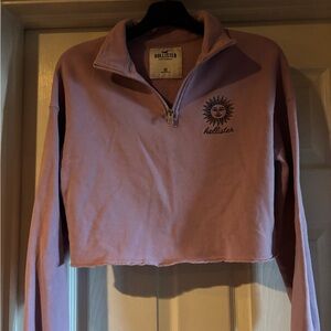 Hollister Cropped Lilac Half-Zip Sweatshirt with Sun Graphic